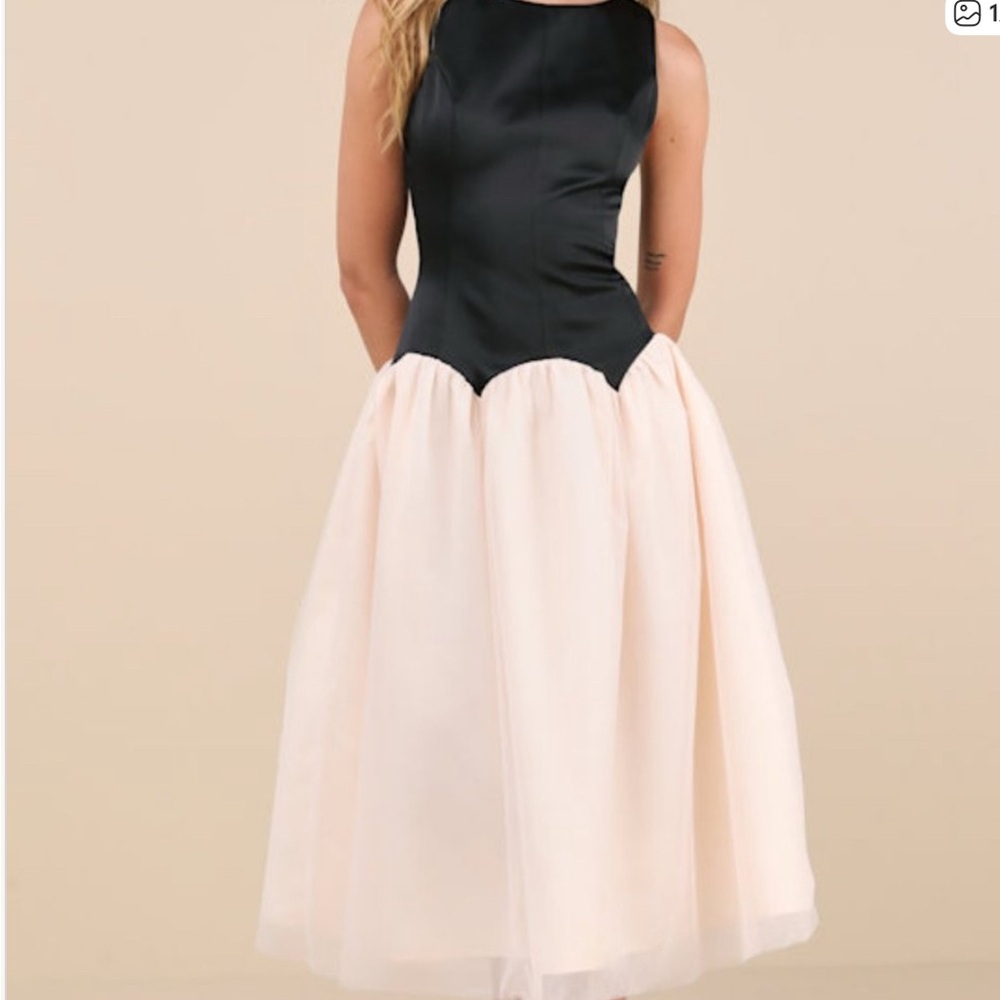 Lulus Contemporary Elegance Black And Cream Satin Tulle Midi Dress - Size M